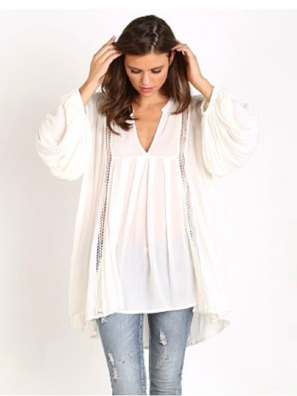 Free People Cream Boho Peasant Tunic with Crochet Trim